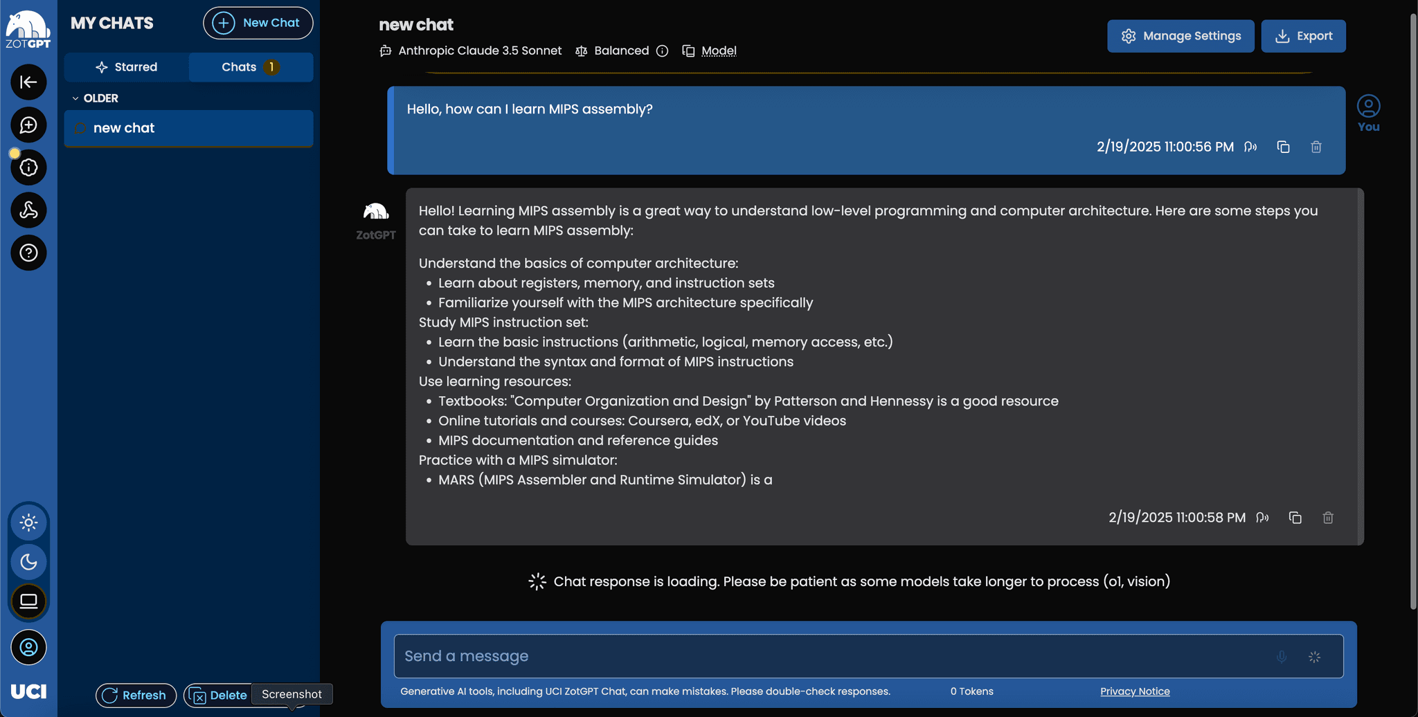 Screenshot of ZotGPT
